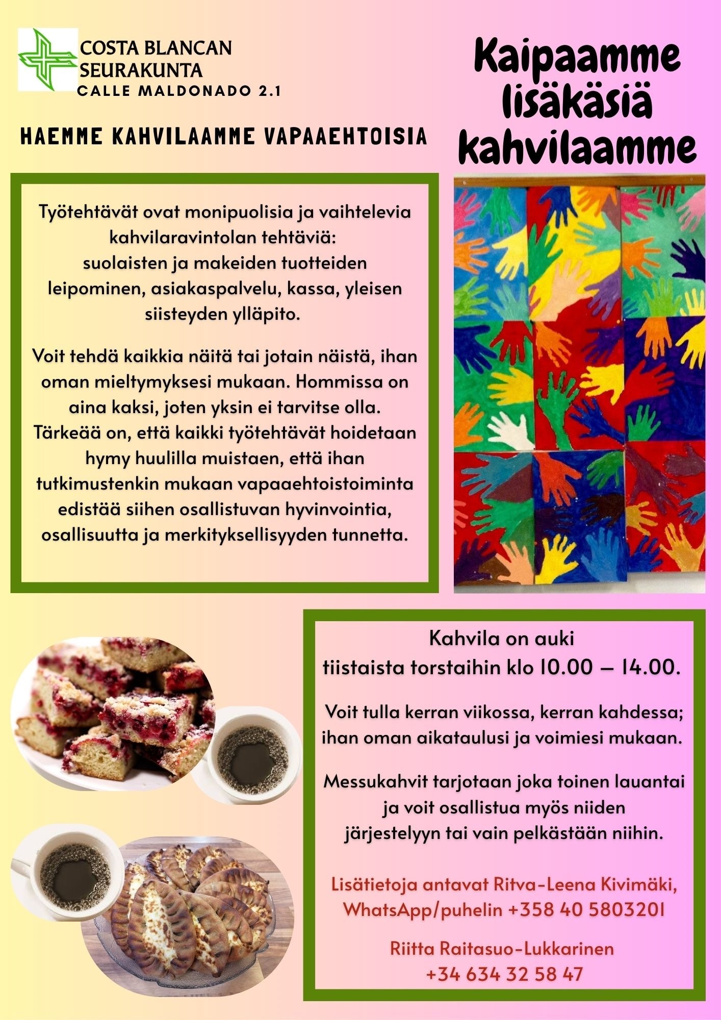 Kuvassa on värikäs työnhakuilmoitus seurakunnan kahvilaan